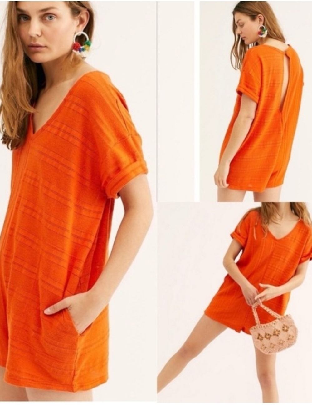 FREE PEOPLE Beach Size Boho Belmont Orange Oversize Romper Open Back Slub Knit